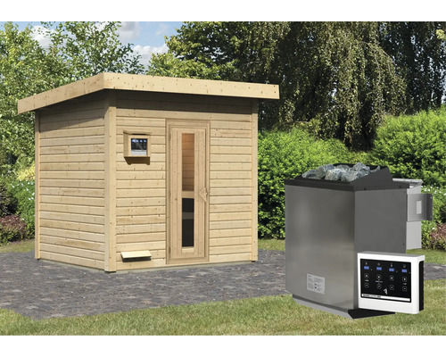 Saunahaus Karibu Talos 3 inkl. 9 kW Bio Ofen u.ext. Steuerung ohne Vorraum mit Holztür und Isolierglas Saunahaus Karibu Talos 3 inkl. 9 kW Bio Ofen u.ext. Steuerung ohne Vorraum mit Holztür und Isolierglas