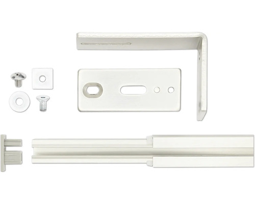 Befestigungsmaterial für Duschkabinen, bestehend aus Schrauben, Halterungen und Führungsschienen