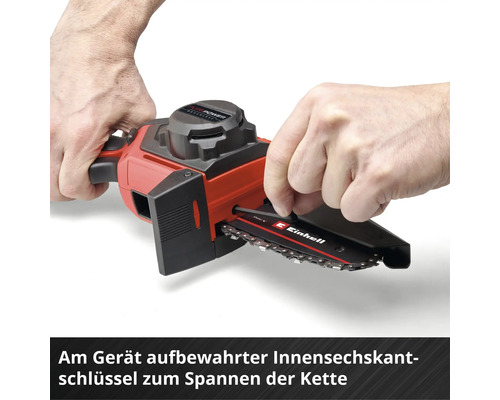 Akkukettensäge mit integriertem Inbusschlüssel zum Spannen der Kette