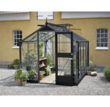 Gewächshaus mit geöffneter Tür im Garten
