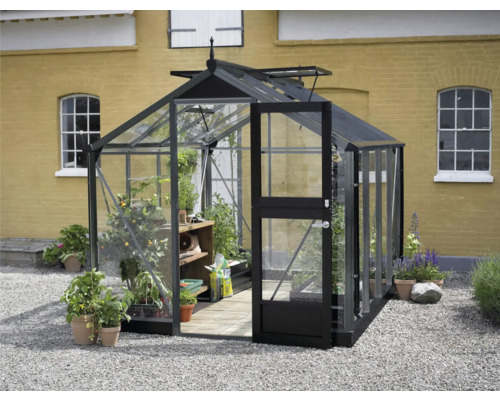 Serre JULIANA Compact 6,6 m² verre de sécurité 3 mm avec fondation 224 x 296 cm anthracite Serre avec porte ouverte dans le jardin