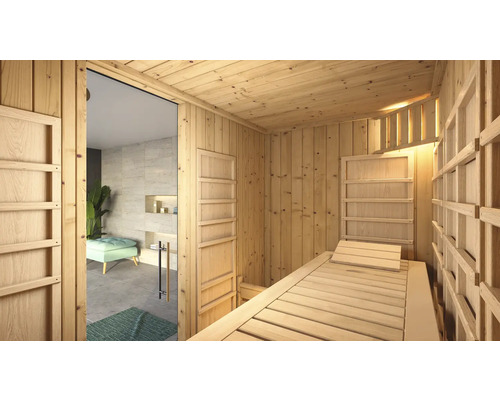 Sauna intérieure avec surface de couchage en bois et porte en verre