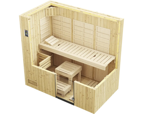 Vue intérieure d''un sauna en bois avec bancs et porte en verre
