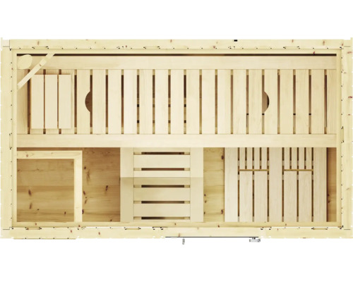 Vue intérieure d''un sauna en bois avec bancs et accessoires