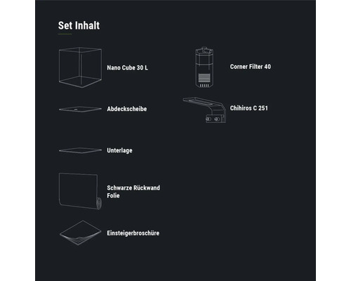 Setinhalt: Nano Cube 30 Liter, Eckfilter 40, Abdeckscheibe, Unterlage, schwarze Rückwandfolie und Einsteigerbroschüre sowie Chihiros C 251