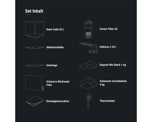 Setinhalt: Nano Cube 20 Liter, Eckfilter 40, Abdeckscheibe, Unterlage, Chihiros C 251, Deponit-Mix Black 1 kg, schwarze Rückwandfolie, schwarzer Garnelenkies 4 kg, Einsteigerbroschüre, Thermometer
