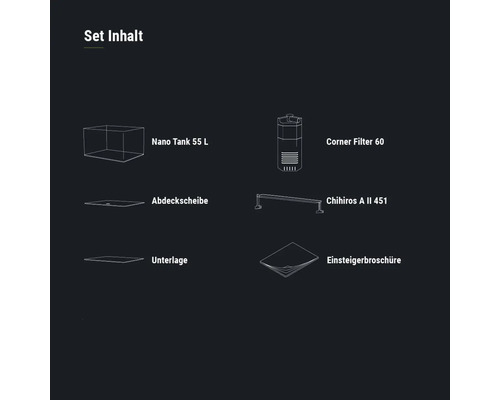 Set Inhalt: Nano Tank 55 Liter, Eckfilter 60, Abdeckscheibe, Chihiros A II 451, Unterlage, Einsteigerbroschüre