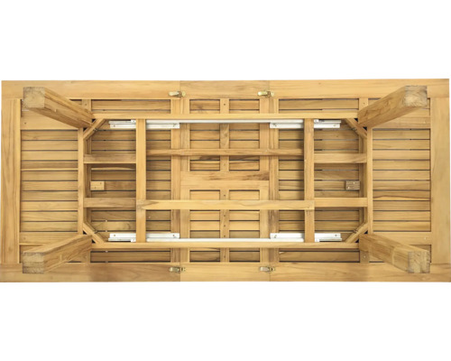 Unterseite eines Gartentisches aus Teakholz mit Ausziehfunktion