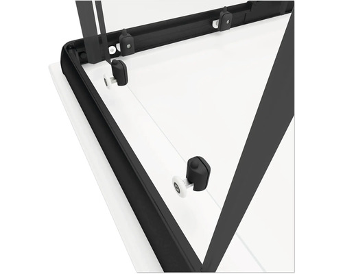 Vue détaillée d''une cabine de douche avec roulettes et cadre