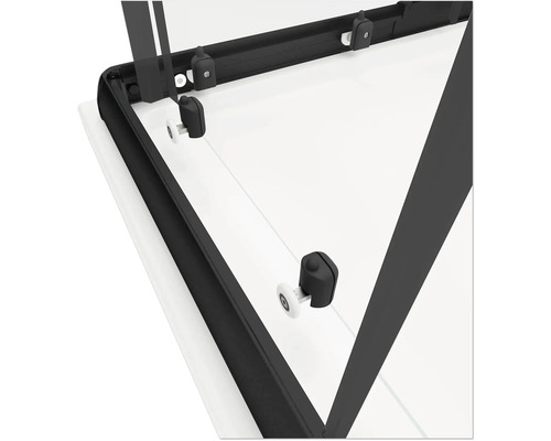 Detailansicht einer Duschkabine mit schwarzen Rahmen und Rollenmechanismus.