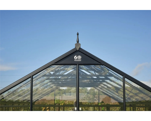 Vue d''une serre Juliana avec des éléments en verre et un cadre noir