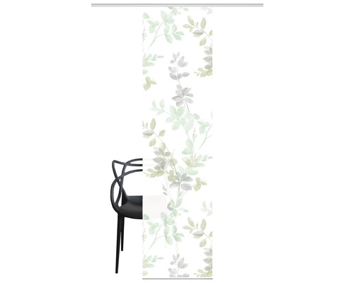 Panneau coulissant avec motif de feuilles et chaise noire