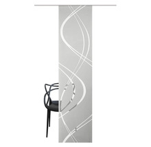 Panneau coulissant avec motif abstrait et silhouette de chaise suggérée.