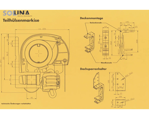 Technische Zeichnung einer Soluna Teilhülsenmarkise mit Maßangaben zu Deckenmontage und Dachsparrenhalterung.