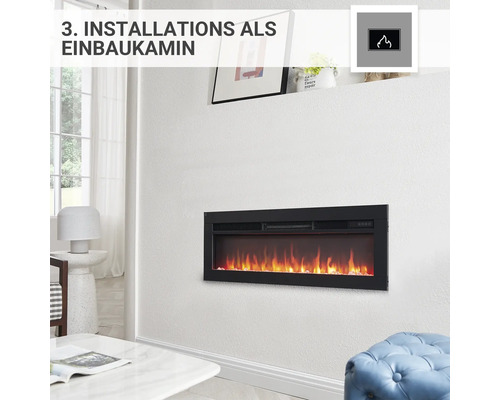 Wohnzimmer mit eingebautem Elektrokamin an der Wand