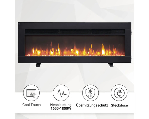 Elektrischer Kamin mit verschiedenen Sicherheitssymbolen für kühle Berührung, Nennleistung, Überhitzungsschutz und Steckdose.