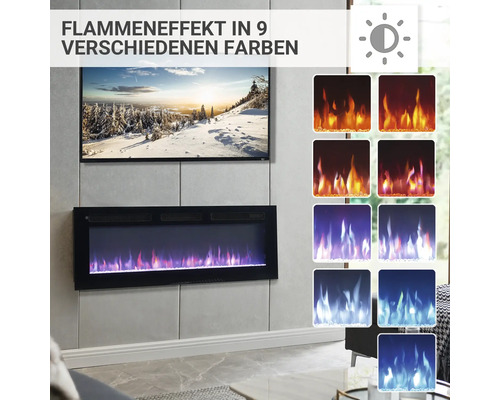 Wandmontierter Elektrokamin mit neun verschiedenen Flammeneffekten unter einem Fernseher.