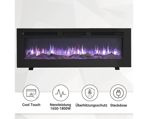 Elektrischer Kamin mit simuliertem Flammenspiel und den Symbolen Kühle Berührung, Nennleistung, Überhitzungsschutz und Steckdose
