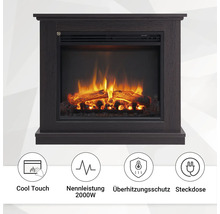 Elektrischer Kamin mit Holzeffekt und den Symbolen: Kühle Berührung, Nennleistung 2000 Watt, Überhitzungsschutz, Steckdose