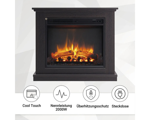 Elektrischer Kamin mit Holzeffekt und den Symbolen: Kühle Berührung, Nennleistung 2000 Watt, Überhitzungsschutz, Steckdose