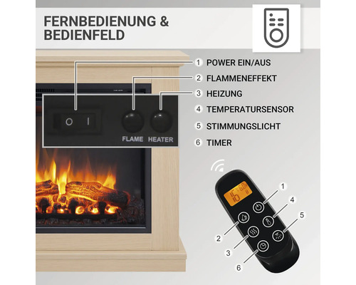 Bedienelemente und Fernbedienung eines Elektrokamins mit verschiedenen Funktionen wie Leistung, Flammeneffekt, Heizung, Temperaturfühler, Stimmungslicht und Timer