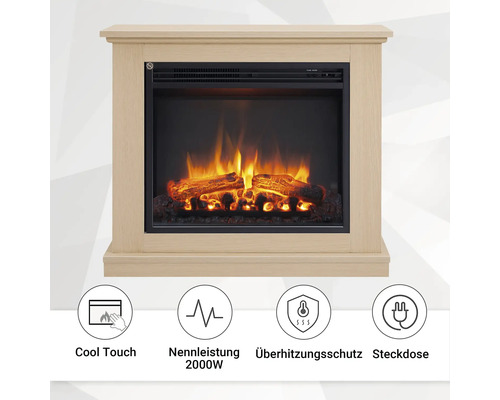 Elektrischer Kaminofen mit Flammen und Holzscheit Imitat sowie Symbolen für Cool Touch, Nennleistung 2000 Watt, Überhitzungsschutz und Steckdose