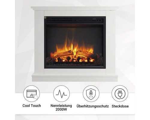 Elektrokamin mit Flammeneffekt und den Symbolen Cool Touch, Nennleistung 2000W, Überhitzungsschutz und Steckdose