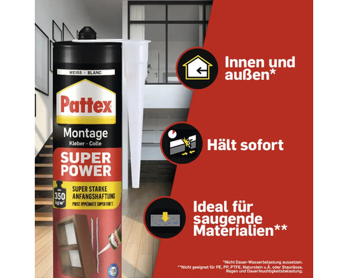 Pattex Montagekleber Super Power mat Patrone an Düse fir Bannen- a Baussentberäicher