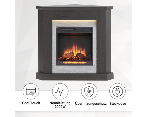 Elektrischer Eckkamin mit Holzdekor und Überhitzungsschutz