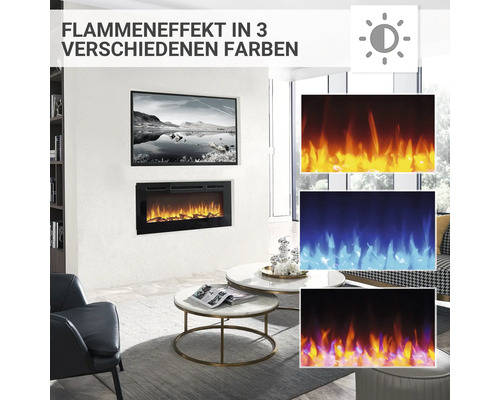 Wohnzimmer mit eingebautem Elektrokamin und drei verschiedenen Flammeneffekten