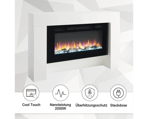 Elektrokamin mit weißer Umrandung und digitalem Flammeneffekt