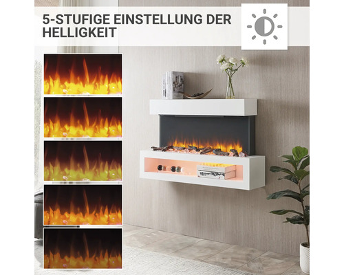 Cheminée murale avec réglage de la luminosité à cinq niveaux pour une ambiance chaleureuse