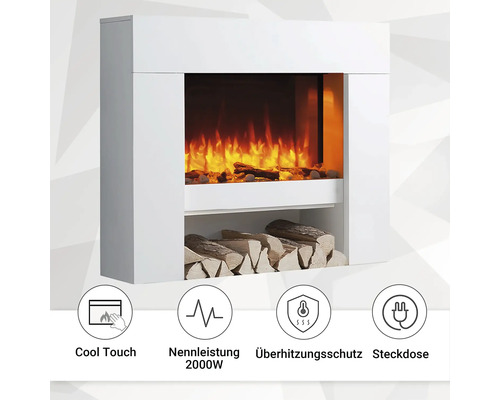 Elektrokamin mit Holzablage und Symbole für kühle Berührung, 2000 Watt Nennleistung, Überhitzungsschutz und Steckdose