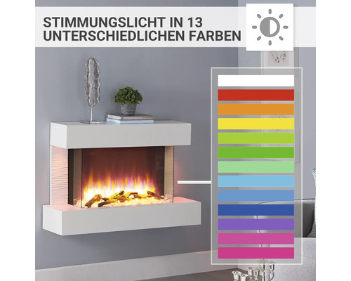 Cheminée murale avec treize options de couleurs différentes et des flammes simulées