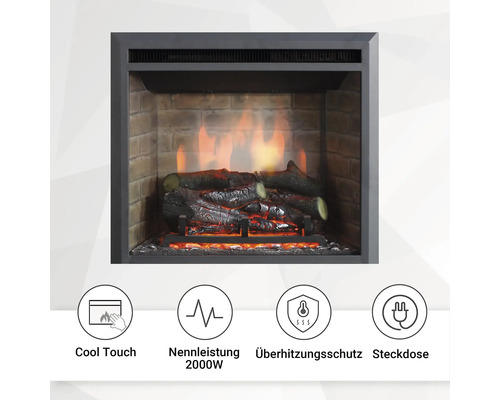 Elektrischer Kamin mit Kühlfunktion, 2000 Watt Nennleistung, Überhitzungsschutz und Steckdose