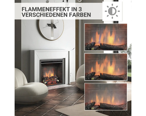 Dekorativer elektrischer Kamin mit Flammen-Effekt in drei verschiedenen Farben in einem Wohnzimmer