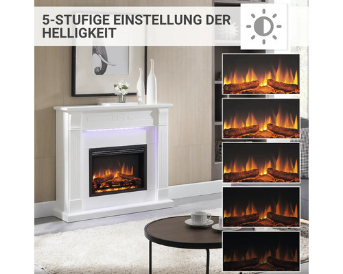 Dekorativer Elektrokamin mit fünf Helligkeitsstufen.