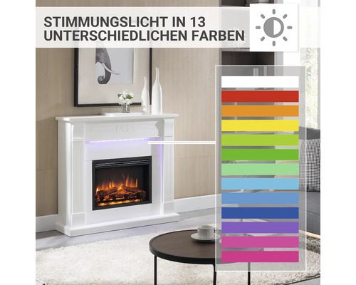 Dekorativer Elektrokamin mit 13 verschiedenen Stimmungslichtfarben in einem Wohnzimmer.