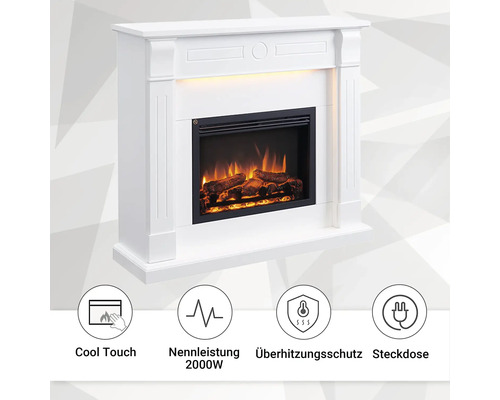 Elektrokamin mit Flammenillusion und den Symbolen Kühle Berührung, Nennleistung 2000 Watt, Überhitzungsschutz und Steckdose