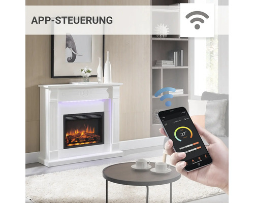 Dekorativer Elektrokamin mit App-Steuerung in einem Wohnzimmer