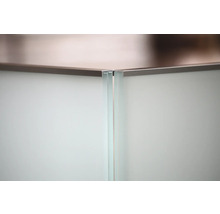 Vue détaillée d''une cabine de douche avec des éléments en verre et un cadre métallique