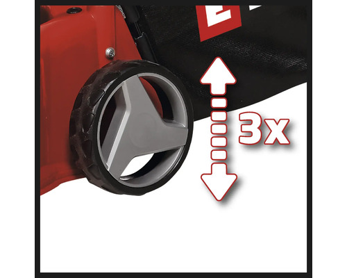 Detailansicht eines Rasenmähers mit dreifacher Schnitthöhenverstellung