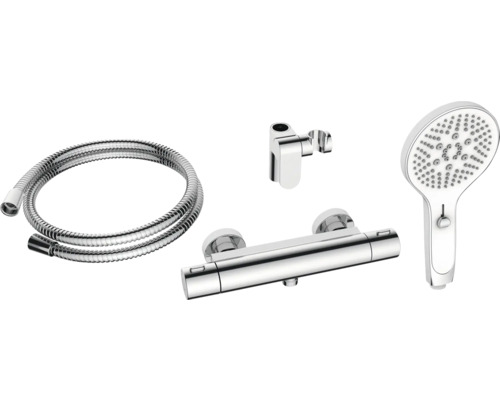 Duschgarnitur mit Brauseschlauch, Thermostatbatterie, Brausehalter und Handbrause