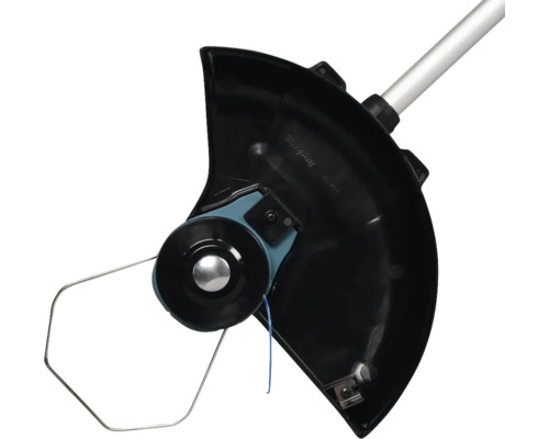 Detailansicht eines Rasentrimmers mit Schutzvorrichtung und Schneidfaden