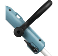 Detailaufnahme eines Rasentrimmers mit Griff und Verstellelementen