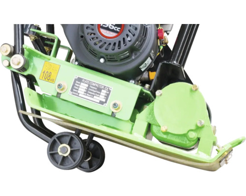 Vue détaillée d''une plaque vibrante avec moteur, roues et caractéristiques techniques.