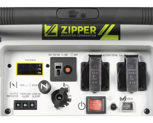 Vue du panneau de commande du générateur onduleur Zipper avec écran et prises
