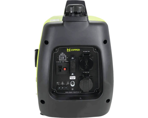 Rückansicht eines Stromgenerators mit Steckdosen und Bedienelementen