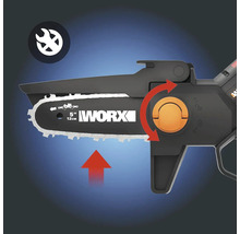 Darstellung einer Akku-Kettensäge mit Schnittlänge 12 cm und dem Worx Logo. Eine Pfeilgrafik deutet die Drehfunktion an. Zusätzlich ist ein Symbol für Wartung dargestellt.