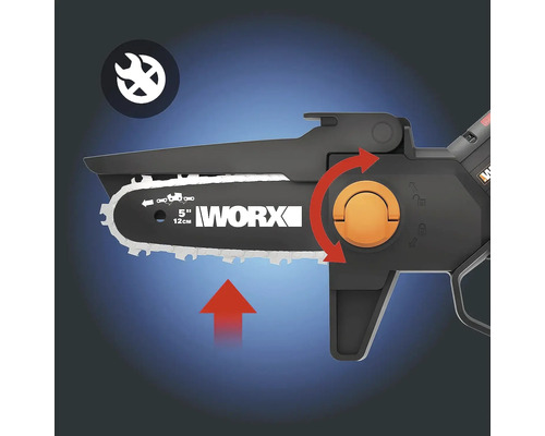 Présentation d''une tronçonneuse à batterie avec une longueur de coupe de 12 cm et le logo Worx. Un graphique fléché indique la fonction de rotation. Un symbole de maintenance est également affiché.